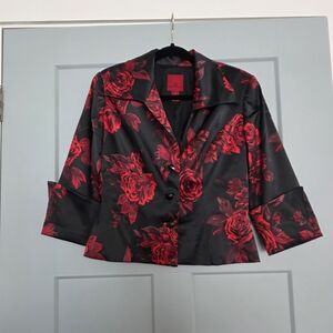 JS Collections Black Red Floral Satin Blazer Size 8 – Evening Cocktail Chic